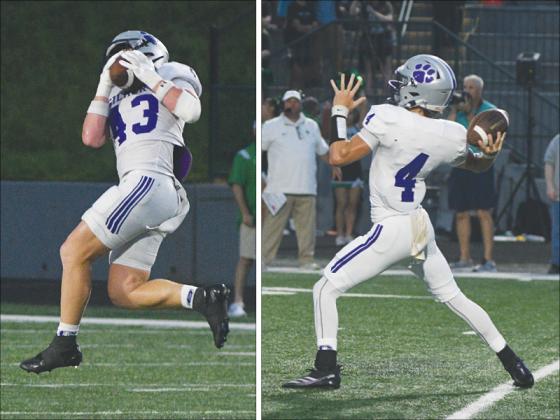 Gilmer quarterback Issac Rellinger (4) completed two passes to wingback Douglas Callihan (43) in Gilmer’s 35-34 victory versus Pickens last Friday. Rellinger accounted for 222 total yards, and Callihan finished with 130.