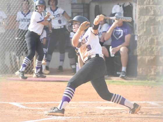 Gilmer’s Mary Grace Jones hits  one of two doubles versus Gordon Central last Wednesday. She also scored three runs and drove in another.