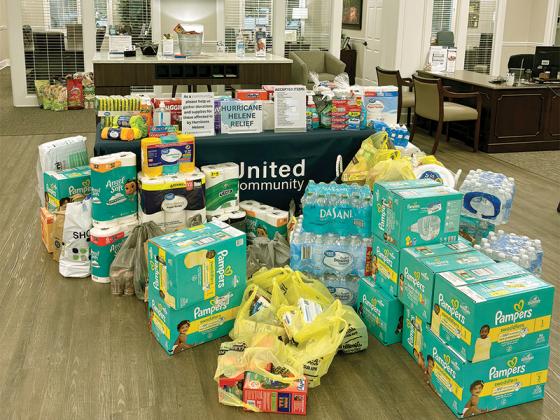 Pictured are some of the donations that have been made to the local United Community Bank’s hurricane relief effort.