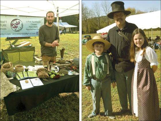Left is Caleb Arnold, owner of EverWilder Farm, displays his wares at the Gilmer County Heritage Day at Harrison Park festival. At right, Jason Richards with his daughter Della, 11, and son Hezekiah, 9. Della demonstrated how to make corn husk dolls to festival-goers, and Hezekiah spent lots of time showing other kids how to play old games.