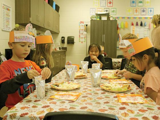 Maverick Macaulay, Arabella Etzer, Felisa Velasquez Garcia, Maddox Mullins and Celeste Lerma Moya enjoy a laugh in Courtney Hyatt’s class.