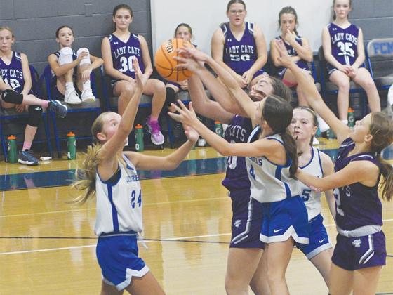 Seventh graders Neeyah McDaniel (20) and Kenzie Farmer (2) battle for a rebound