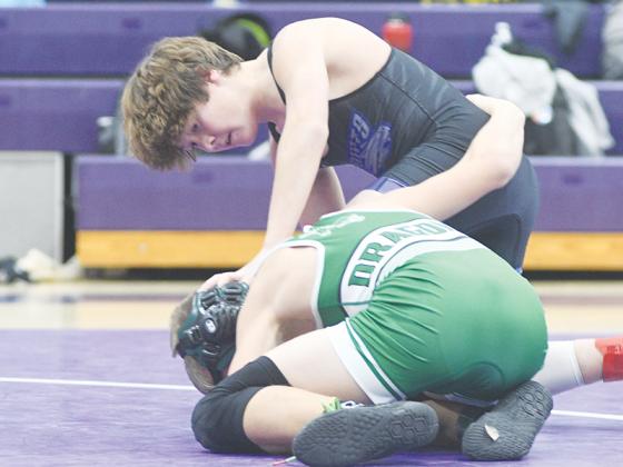 Clear Creek Middle School’s Gauge Crump is in control of his opponent at last Saturday’s Junior Bobcat Duals.