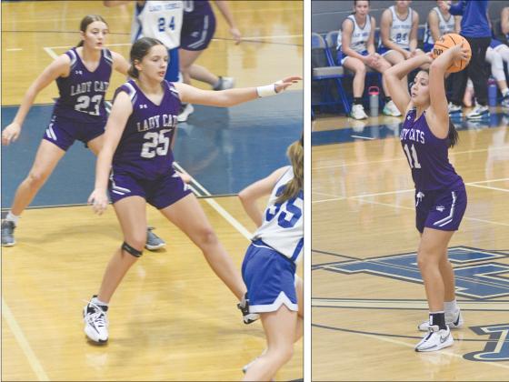 Seventh-grade players Hadlee Banks (24) and Molly Hicks (25) defend, eighth grader Halle West passes to a teammate.