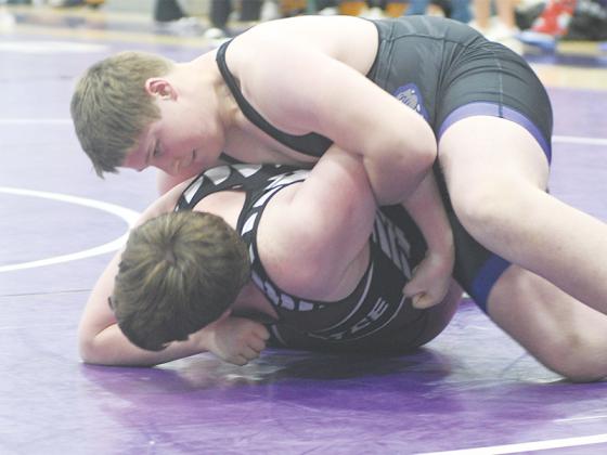 Clear Creek Middle School’s Parker Settel is in control of his opponent at last Saturday’s Junior Bobcat Duals.