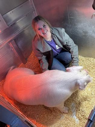 Senior Madison Chastain gives a tour of the trailer her pigs are held in before competing.