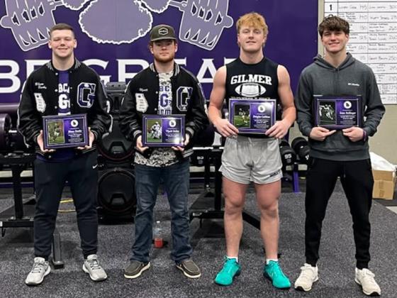 From left are Gilmer’s GACA all-state football players Blane Banks, Wyatt Stokes, Douglas Callihan and Issac Rellinger.