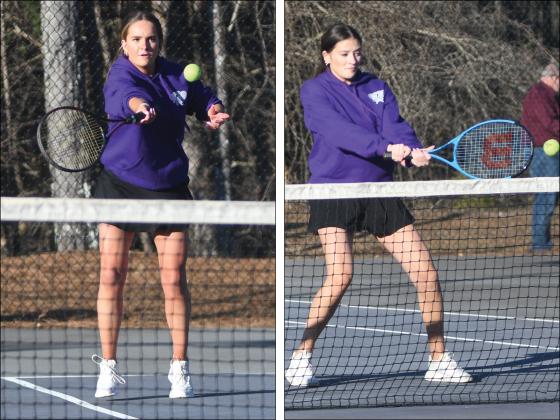 The No. 1 Lady Cat doubles team of Bree Burnette (above) and Chelsey Griggs (right) return shots last Friday and earned three wins on the week.