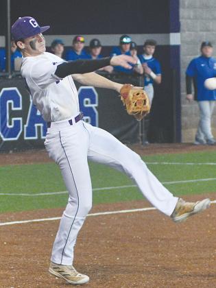 Gilmer senior pitcher Hayden Berry makes a throw to first base last Tuesday versus Fannin County. He pitched six innings and struck out six while giving up four hits, two earned runs and three walks.