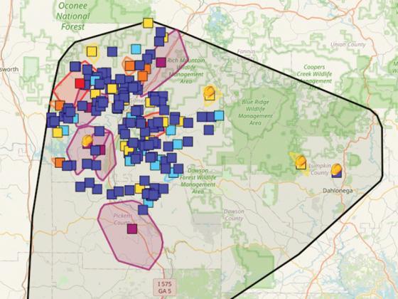 Amicalola EMC’s outage map at the peak of the widespread regional power outage on Tuesday, April 15. (Courtesy of Amicalola EMC)
