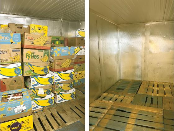 At left, Gilmer Community Food Pantry’s freezer filled with banana boxes full of meat. At right, the freezer is now empty after a malfunction caused them to lose 8,000 pounds of meat. (Courtesy of Allen Triebel)