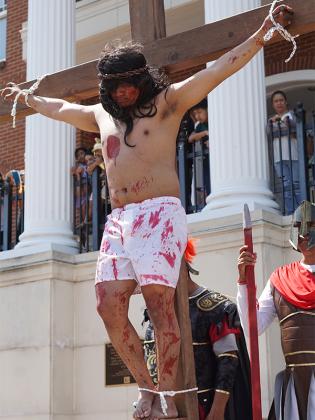 The Good Samaritan Catholic Church performed its live stations of the Cross on Good Friday, April 18. It took place in front of the Gilmer County Courthouse in downtown Ellijay from 2 to 3 p.m. (Lauren Sabia/Reporter)