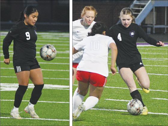 Gilmer High junior Gimena Domingo-Tercero (9) and freshman Joei Marshall (4) had stellar performances last Tuesday against Chestatee. Domingo-Tercero scored four goals, and Marshall provided three assists and scored the Cats’ 10th goal of the match.