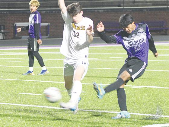 Gilmer’s Calvin Lian fires a shot and scored a 30-yard goal versus No. 1 Whitewater in the Sweet 16.