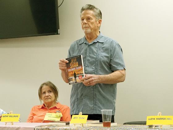 Author Jeff Shaw speaking at an authors forum hosted by Friends of the Gilmer County Library April 24.