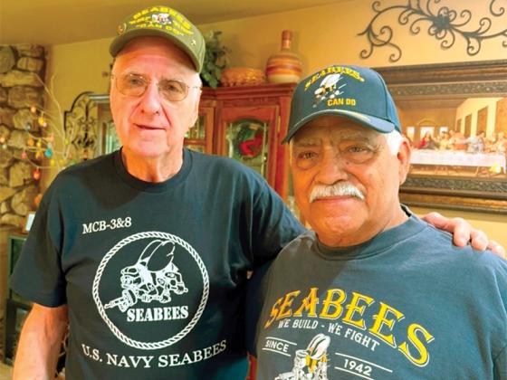 Willie Young, left, and Frank Herrera after meeting by chance in a Bakersfield, California restaurant recently. Young is wearing his ‘Mobile Construction Battalions 3 & 8’ T-shirt that drew Herrera’s attention. The two U.S. Navy Seabees who served together in Vietnam hadn’t seen each other in 58 years, although Young has been searching for Herrera since 2010. 