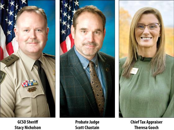 GCSO Sheriff Stacy Nicholson, Probate Judge Scott Chastain and Chief Tax Appraiser Theresa Gooch