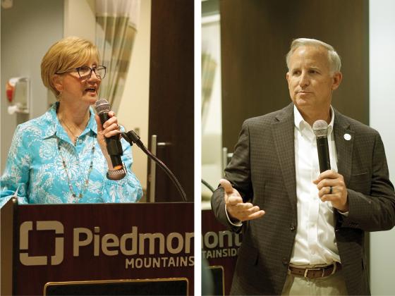 Piedmont CEO Denise Ray, left, and Rep. Johnny Chastain, right,  speaks at the official ribbon cutting of the new Piedmont facility. (Andy Ashurst/Publisher)