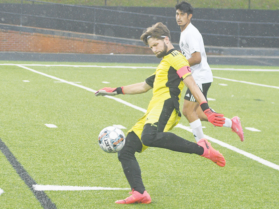 Gilmer’s Talyn Curtis punts the ball after making one of his 90 saves during his senior season.