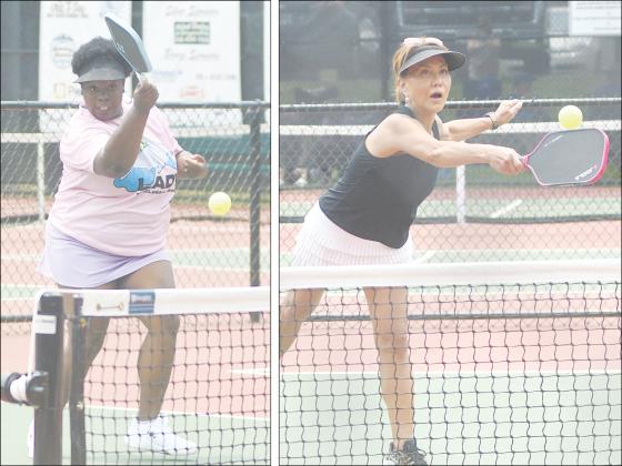 Chattanooga’s Robin Kilbe (left) and Tina Tanco (above) of Gwinnett mix it up during Saturday’s doubles matches.
