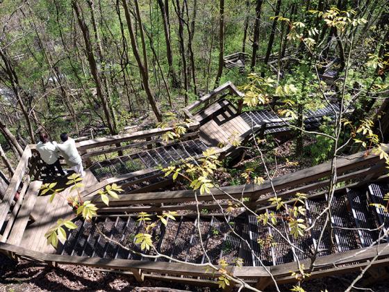The stairs lead from the midpoint of the falls (below, left) to the top.