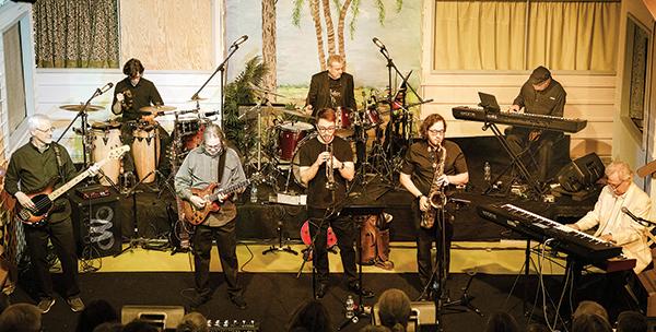 The Kool Breeze band performs in Blue Ridge in 2024. Shown from left, front are John Rathbone, Markham White, Nolan Walker, Chris Otts and Jim Richter; back are Nathan Talbot, Bill Craig and Gary Wilder. (Photo by Jim Richter)
