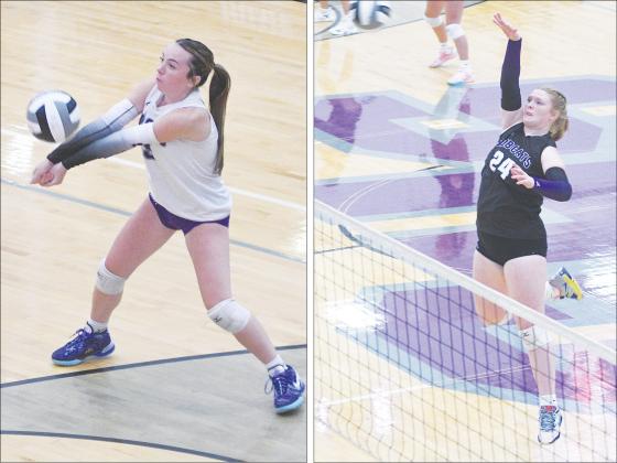 Gilmer High’s Adleigh Sutton (left) records a dig last Tuesday as teammate Katie Fink swings through a ball at the net.