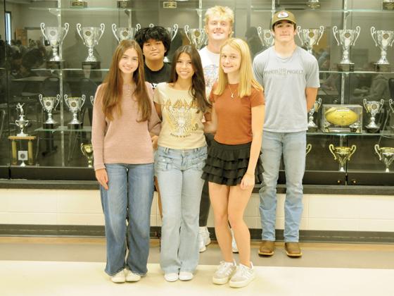 The Gilmer County High School homecoming court underclassmen pose together. Shown are, from left, back, Silas Thang, Bubba Callihan and Heath Hice; and, front, Alexandra Shull, Tara Becerra and Lilian Reece.