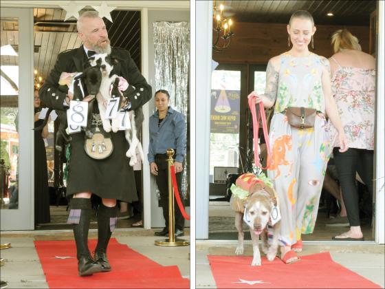 At left, Will Rowlette, dressed in a traditional Scottish outfit, carries Reba and Ellis down the red carpet at the Tails and Tiaras event. At right, Blue Barton walks Sally, the winner of Tails and Tiaras.