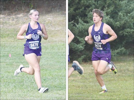 Gilmer High freshman Ella Schwartz, left, makes her way to the finish line, and Gilmer junior Dawson Richard, right, placed sixth at last Tuesday’s North Georgia Championships.