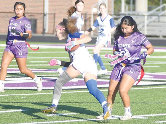 Gilmer High’s Gimena Domingo-Tercero makes a tackle last Thursday versus Ringgold. She scored  three total touchdowns on the day, which included a pick six against Creekview.