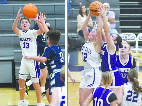 Clear Creek basketball continued its season last Thursday. From left, Lance West fires a three pointer, Braylee Taylor snatches a rebound.