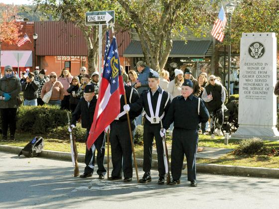 Local cadets display the colors in downtown Ellijay at the Community Veterans Day Parade, Nov. 11. The community honored the service of Gilmer County’s Armed Forces members.