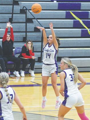 Gilmer’s Bree Burnette shoots a three pointer in the Piedmont Holiday Classic and scored 10 points versus Copper Basin.
