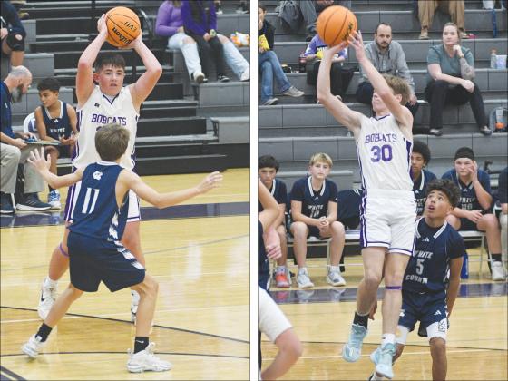 From left, Mason Cardd looks for an open teammate, Alex Raper shoots in the lane.