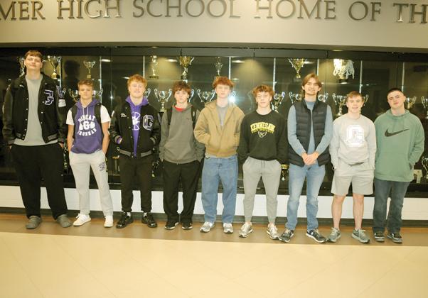 The Gilmer High School prom court men take a picture together. Shown from left are Preston McVey, Landon Hamby, Bubba Callihan, River Hicks, Keller Baughman, Braelyn Nelson, Lukas DeVente, Edward Marietta and Ridge Blocker. Not shown are Keller Baughman and Dawson Richard.