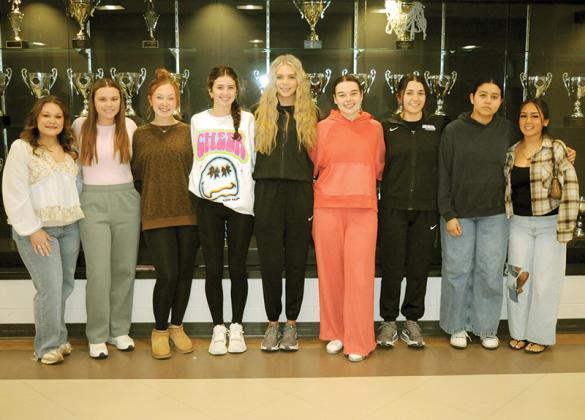 The Gilmer High School prom court ladies take a picture together. Shown from left are Lilly Green, Sarah Dale, Adleigh Wingate, Sadie Johnson, Jace Sanderson, Ava Smith, Madison Hall, Jacqueline Trejo Lopez and Dulce Fuentes Gonsalez. Not shown is Estephany Becerra.