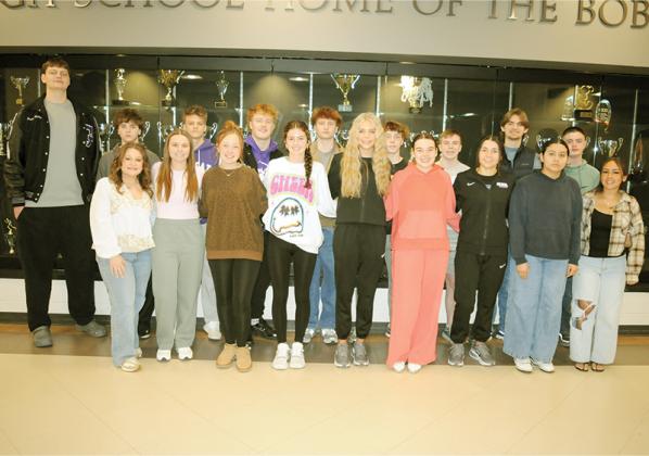 The Gilmer High School prom court celebrates their new position. Shown from left are, front row, Lilly Green, Sarah Dale, Adleigh Wingate, Sadie Johnson, Jace Sanderson, Ava Smith, Madison Hall, Jacqueline Trejo Lopez and Dulce Fuentes Gonsalez; and, back row, Preston McVey, River Hicks, Landon Hamby, Bubba Callihan, Keller Baughman, Braelyn Nelson, Edward Marietta, Lukas DeVente and Ridge Blocker. Not shown are Estephany Becerra, Keller Baughman and Dawson Richard.
