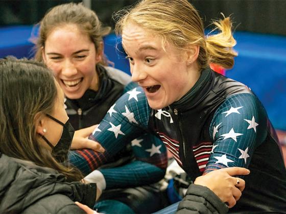 Corinne Stoddard celebrates qualifying for the Olympics at the 2022 U.S. Olympic Team Trials in short-track speedskating on Dec. 19, 2021, in Salt Lake City, Utah. She is the granddaughter of Don VanLandingham of Ellijay. (TeamUSA.com photo)