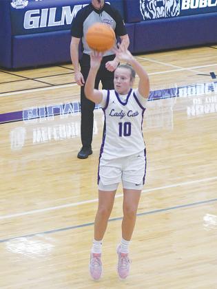 Gilmer freshman Mak Taylor launches a three pointer and made five versus LaFayette last Tuesday. She was the leading scorer with 21 points.