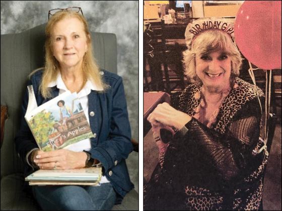 Left, Gilmer County author Nan Flickinger reads her children’s book, “Ellie J’s Apples.” Right, Gilmer County author Mary Encinias celebrates her birthday. (Contributed photos)