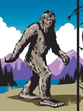 Bigfoot looks out over a lush wilderness landscape.