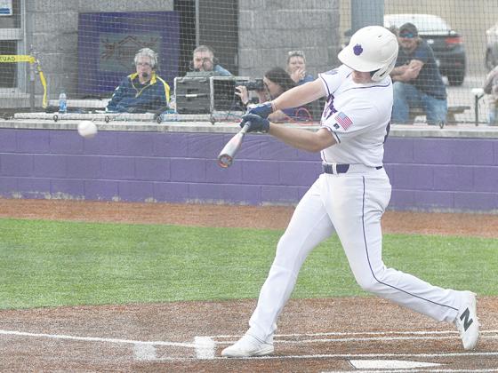 Gilmer ‘s Peyton Chancey squares up a pitch for a three-run single last Friday versus LaFayette. In game two of the double header, he hit a grand slam in the second inning.