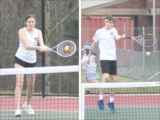 From left, Gilmer High doubles players Chelsey Griggs and David Warren return serves versus Murray County last Tuesday.