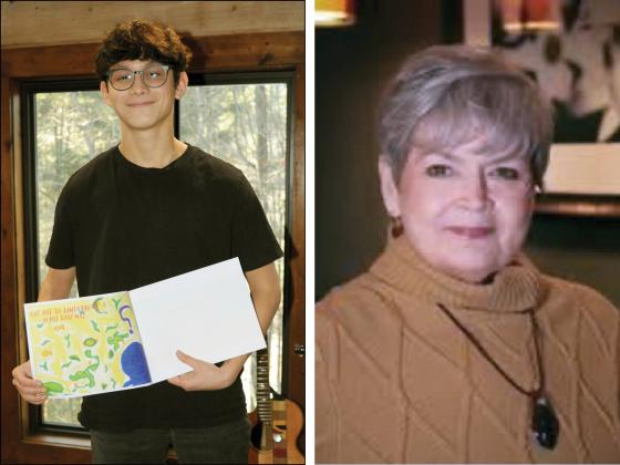 Lane Woods, right, a Gilmer resident, writes heartwarming novels. Her work will be discussed at the Gilmer Local Authors Forum. At left, Gilmer County 17-year-old Lucas Watson reads his contest-winning book, “Clarence the Crab,” at The Craddock Center.