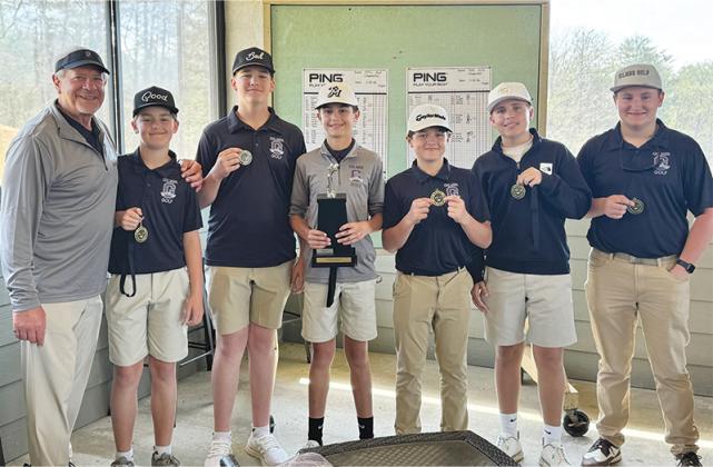 Clear Creek Middle School golfers are joined by head coach Willie Dodaro following the Bobcats’ Mountain League golf championship. They posted a team score of 200 to win by 19 strokes. Miles Keogh (above center) was the event’s low medalist with a nine-hole score of 42. Golfers from left are Lance West (55 strokes), Parker Chancey (62), Keogh, Lawson Pritchett (58), Kayson Taylor (45) and Tate DeBoard (70). (Contributed)
