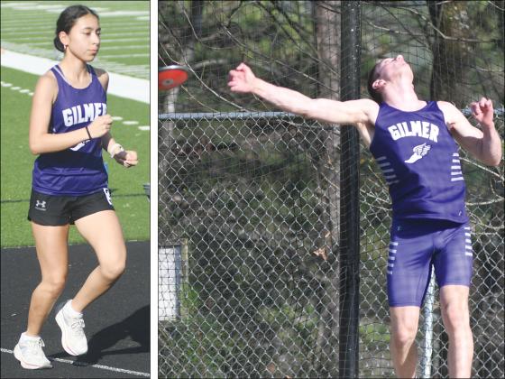Gilmer’s Jennifer Garcia (left) won the 1,600 and 3,200 meters last week at Calhoun while Dawson Richard (right) placed second in the discus.
