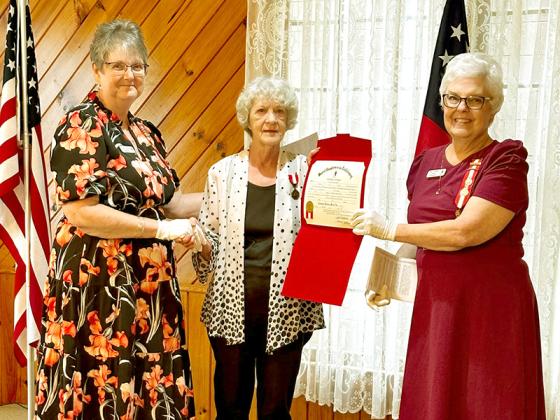 Alice Adkins, center, was recently awarded the National Defense Medal by the Nancy Harts Chapter 2728 of the United Daughters of the Confederacy. 