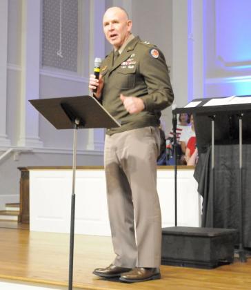 National Guard Major General Richard Wilson speaks on America’s 250th anniversary to the First Baptist Church of Ellijay.
