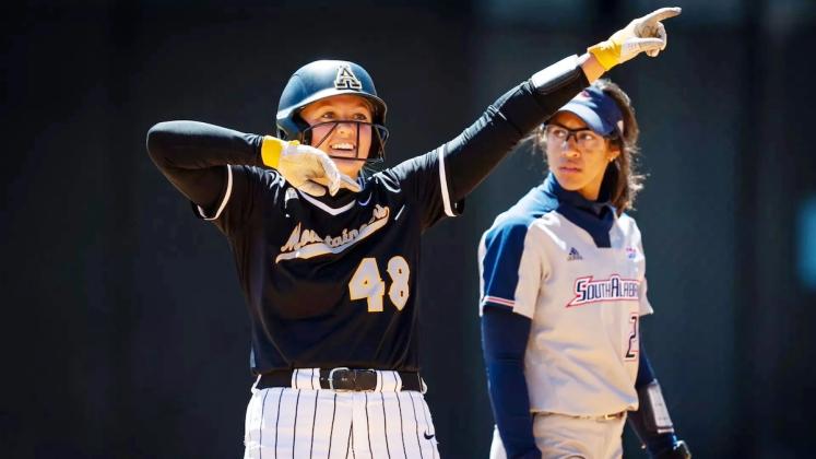 Ellijay's Macy Hamby celebrates a hit for Appalachian State University.